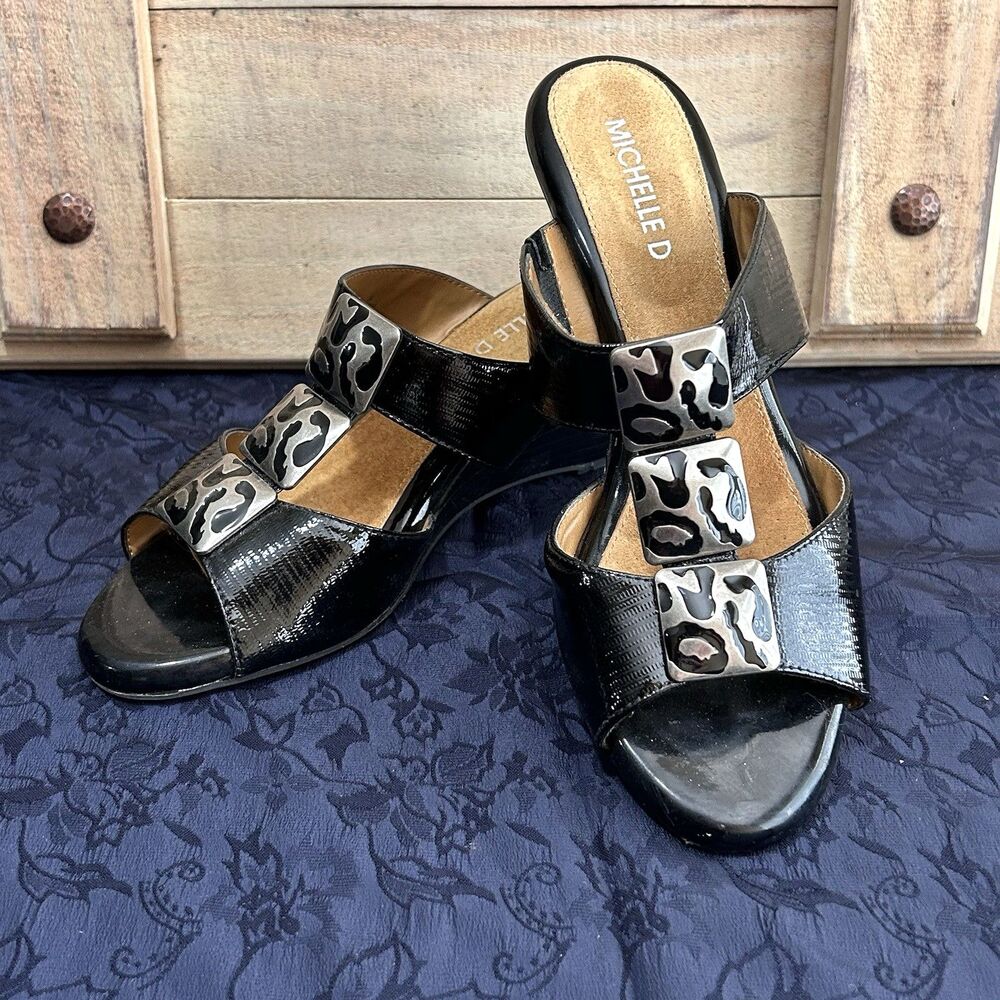 Michelle D Wedge Sandal Open Toe Shoes Black Patent Leather Sz 7 Leather Upper
